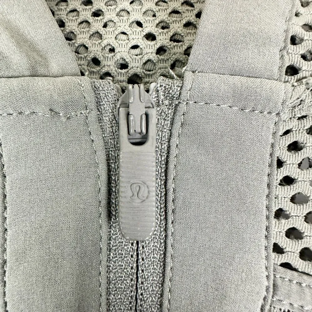 Lululemon Women's Relaxed Fit Mesh Jacket Size 6 Grey Sage Hooded Open Knit